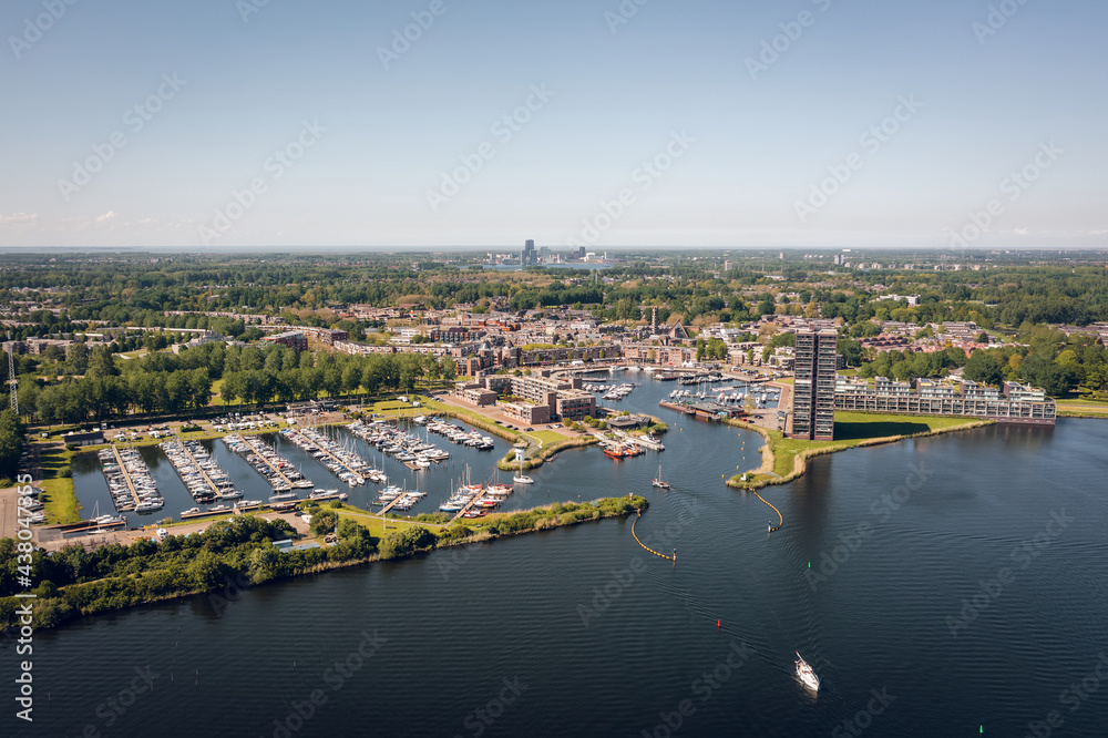 Harbor and marina in Almere Haven - oldest district in the suburban city of Almere, Flevoland, The Netherlands