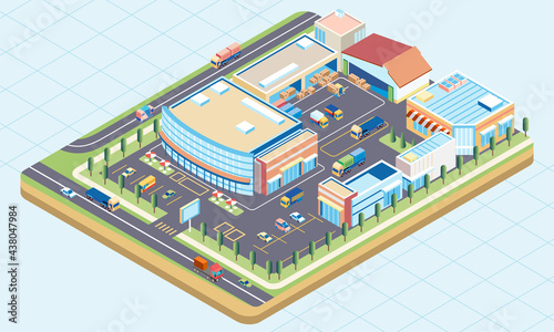 isometric illustration of a mall building complex with warehouse for storing goods and loading and unloading activities
