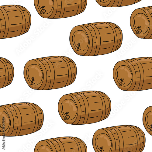 Wooden barrels brown color seamless pattern, containers for drinks on a white background