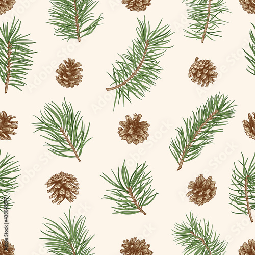 Seamless pattern with pine branches, cones. Traditional colors.
