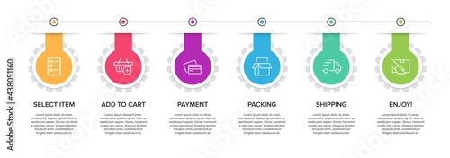 Concept of shopping process with 6 successive steps. Six colorful graphic elements. Timeline design for brochure, presentation, web site. Infographic design layout.