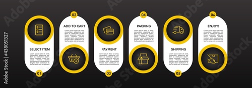 Concept of shopping process with 6 successive steps. Six colorful graphic elements. Timeline design for brochure, presentation, web site. Infographic design layout.