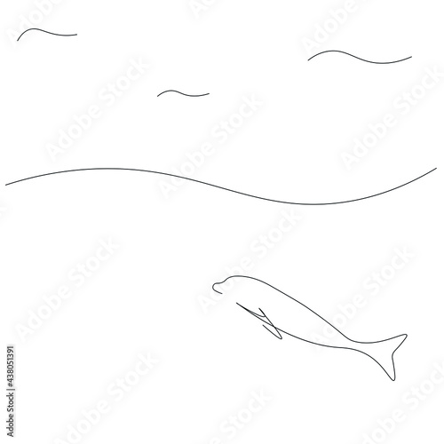 Dolphin animal in sea line drawing silhouette on white background vector illustration