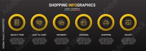 Concept of shopping process with 6 successive steps. Six colorful graphic elements. Timeline design for brochure, presentation, web site. Infographic design layout.