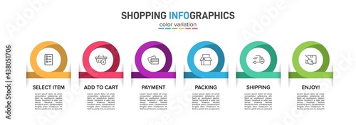 Concept of shopping process with 6 successive steps. Six colorful graphic elements. Timeline design for brochure, presentation, web site. Infographic design layout.