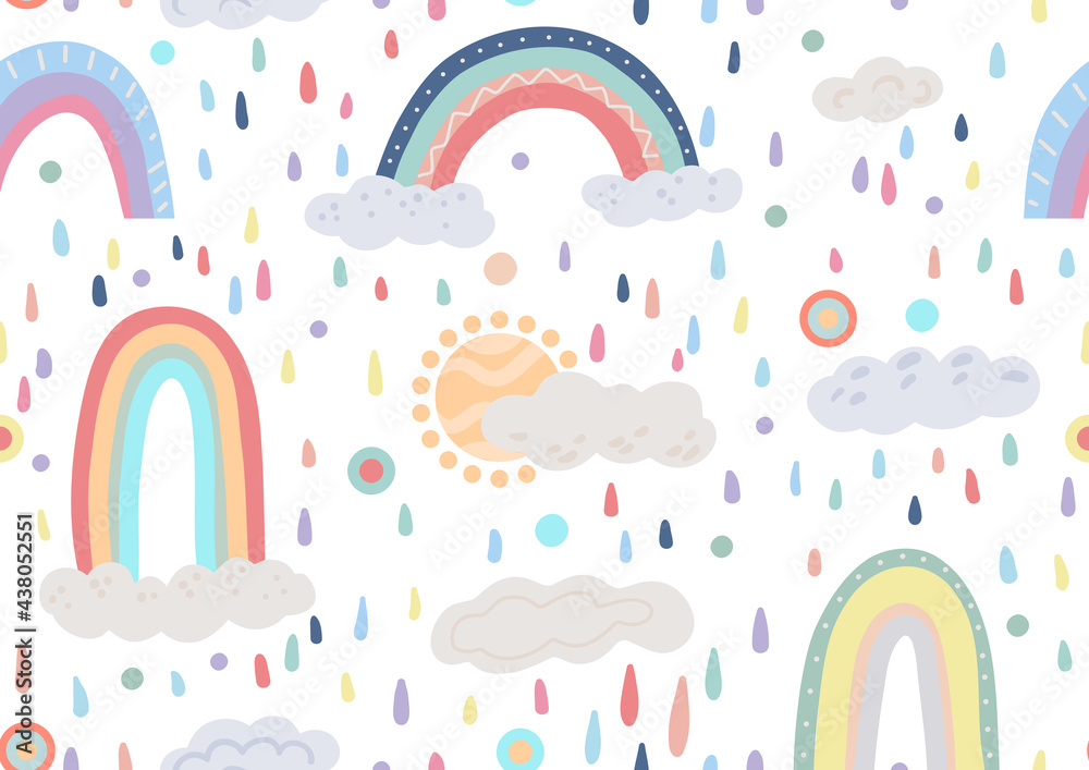 Cute childish pattern with different rainbows, cloud, sun on white background with colorful drops and dots. Vector flat natural texture. Gentle sky wallpaper. Backdrop with cartoon multicolored arcs Cute childish pattern with different rainbows, cloud, sun on white background with colorful drops and dots. Vector flat natural texture. Gentle sky wallpaper. Backdrop with cartoon multicolored arcs