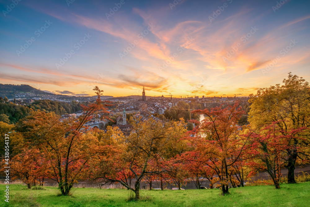 Amazing autumn scenery of old town of Bern, Switzerland at sunset
