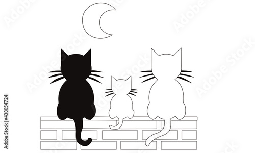 Silueta familia de gatos mirando la luna