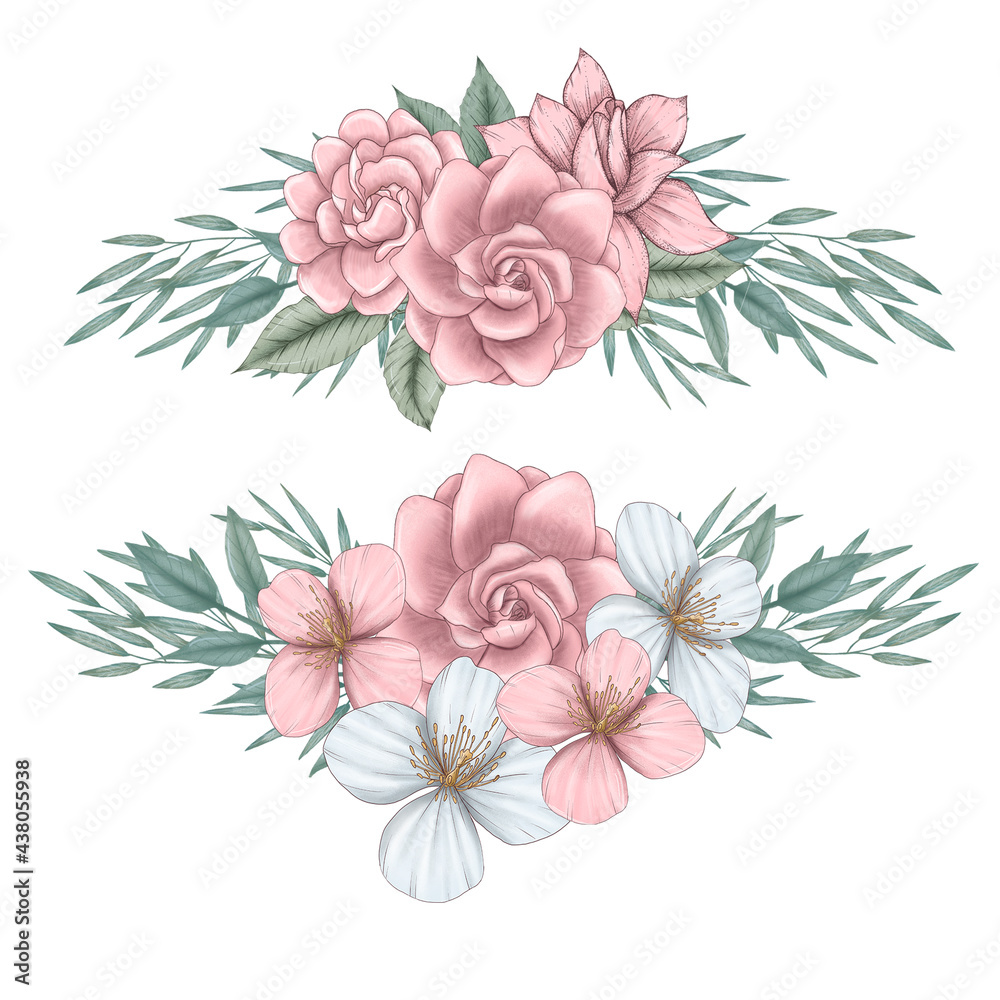 Cute pink flower borders, floral garland, white and pinky pastel botanica, elegant florals, cute wedding design elements