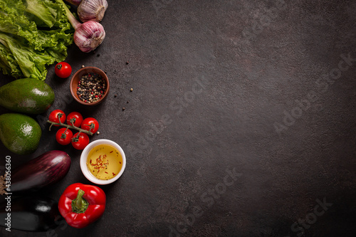 Background with fresh vegetables, flat lay, copy space