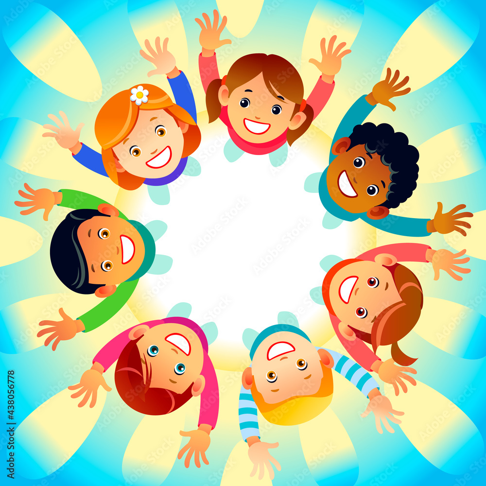 Multicultural kids in a circle with happy faces, raising their hands up. The sun is shining. Illustration of a greeting card with the Day of Friendship. Cartoon vector illustration Multicultural kids in a circle with happy faces, raising their hands up. The sun is shining. Illustration of a greeting card with the Day of Friendship. Cartoon vector illustration