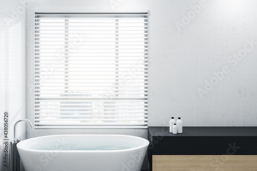 Modern bathroom interior with city view  daylight and mockup place on wall. 3D Rendering.