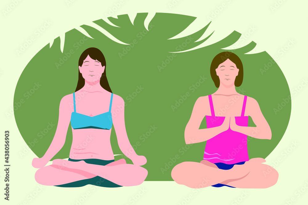 Vector illustration of a meditating person against the background of nature.
 A person in the lotus position, yoga. Gymnastic.