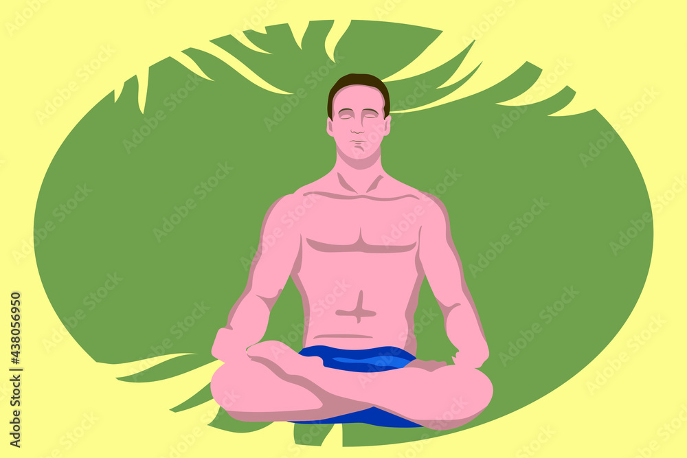 Vector illustration of a meditating person against the background of nature.
 A person in the lotus position, yoga. Gymnastic.