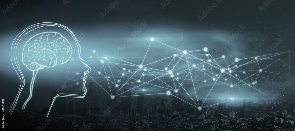 Obraz premium Abstract glowing digital brain interface on blue background with polygonal mesh. Futuristic innovation concept. 3D Rendering.