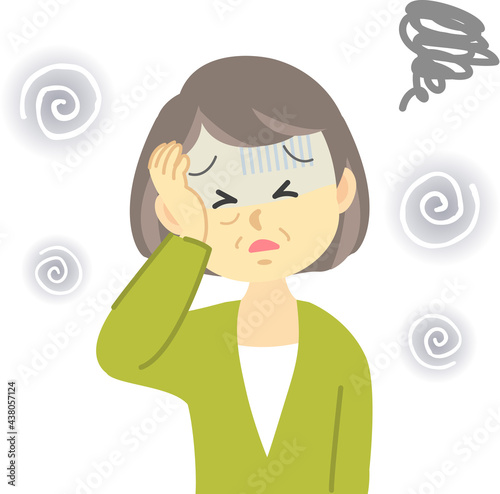 イラスト素材:体調不良シリーズ 年配の女性が頭痛で目が回りそうになる眩暈をする姿 
