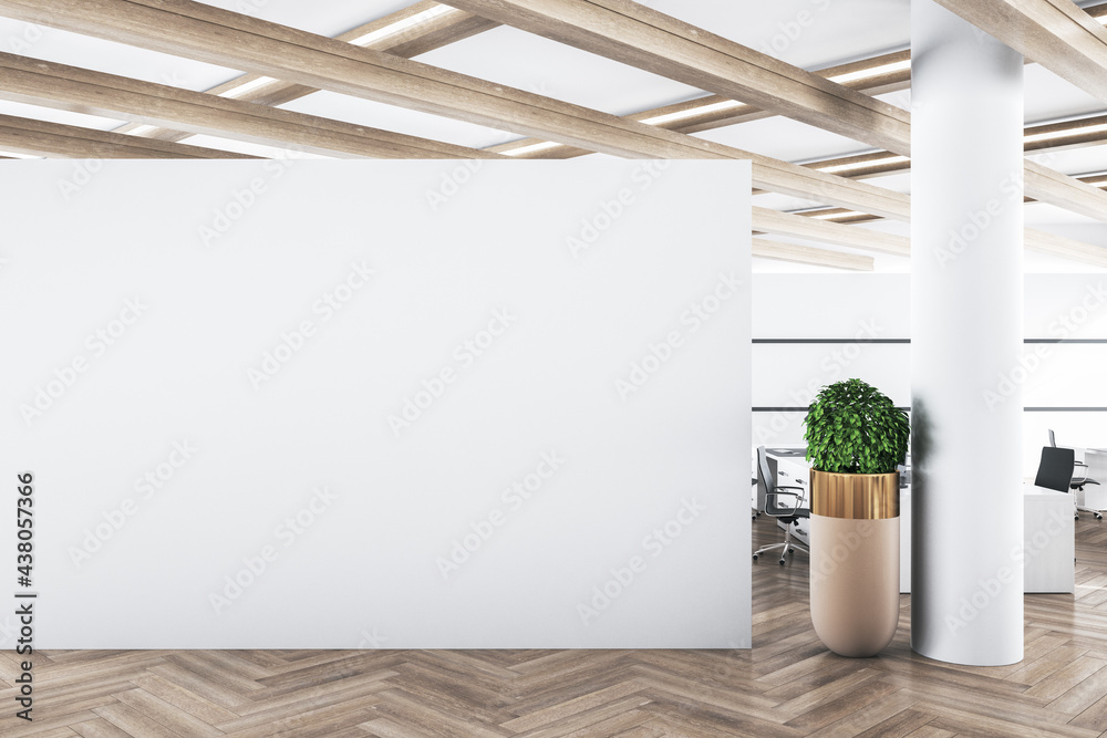 Modern concrete office interior with mockup wall and wooden floor. Advertisement concept. 3D Rendering. - obrazy, fototapety, plakaty 