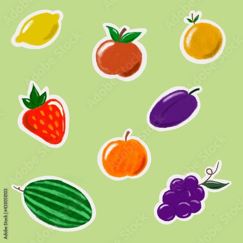 Fototapeta Naklejka Na Ścianę i Meble -  illustration set of summer fruits. Strawberry, grape, plum, orange, watermelon, apple, lemon. Stickers with contour
