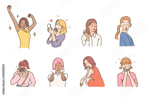 Cute and pretty faces of women. hand drawn style vector design illustrations. 