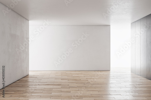 Modern concrete interior with sunlight and empty wall mockup place. Exhibition  art and advertisement concept. 3D Rendering.