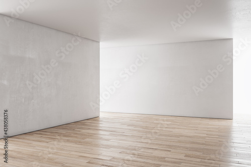 Fototapeta Naklejka Na Ścianę i Meble -  Contemporary concrete interior with sunlight and empty wall mockup place. Exhibition, art and advertisement concept. 3D Rendering.
