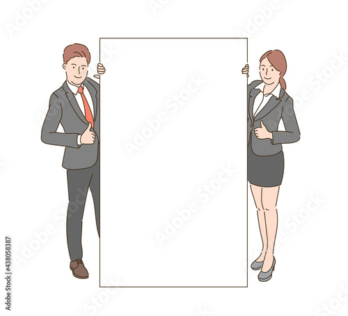 A man and a woman in suits stand with their thumbs up with a large board between them. hand drawn style vector design illustrations. 