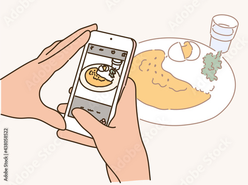 A hand taking a picture of food with a mobile phone. hand drawn style vector design illustrations. 