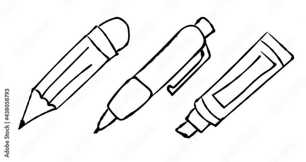 Doodle pencil, pen and marker. Black and white vector illustration. Writing tools. Doodle pencil, pen and marker. Black and white vector illustration. Writing tools.