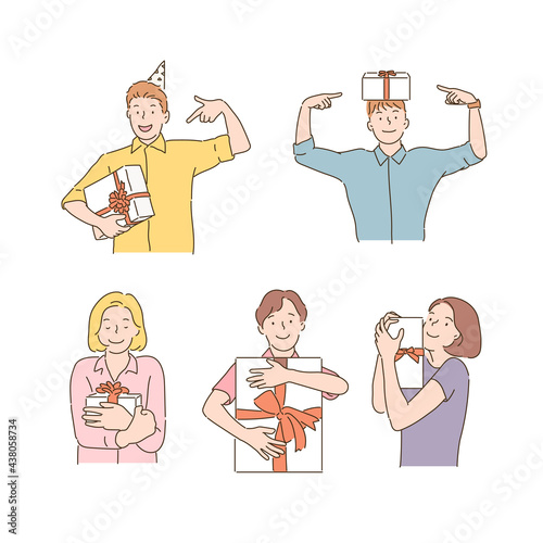 Collection of happy people holding gift boxes. hand drawn style vector design illustrations. 