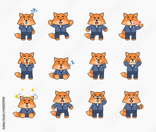 Fox mascot in business suit showing various emotions. Cute fox thinking, surprised, celebrating, sleeping, angry, crying and showing other expressions. Vector illustration bundle