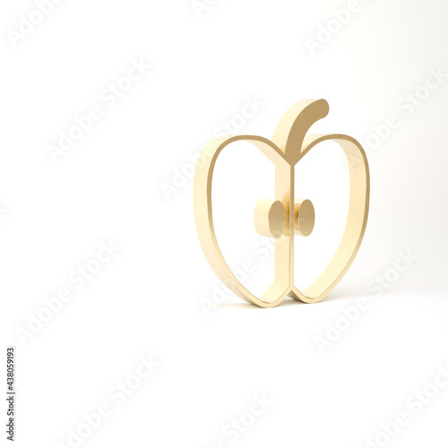 Gold Apple icon isolated on white background. Fruit with leaf symbol. 3d illustration 3D render