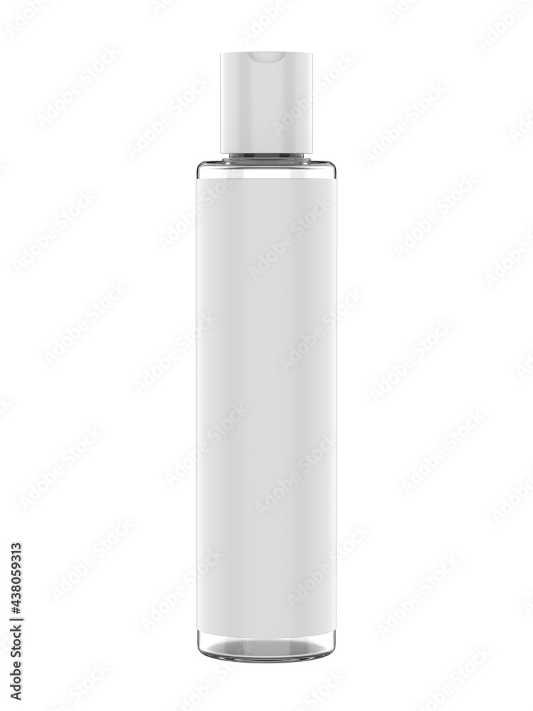Blank cosmetic bottle with disc press cap for branding and mock up, 3d render illustration.