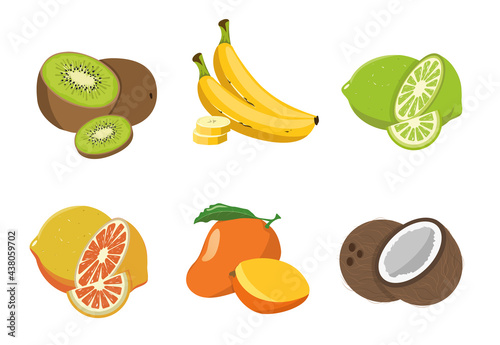 Fototapeta Naklejka Na Ścianę i Meble -  Tropical fruit set, realistic vector illustration of fruit, coconut, banana, lime, kiwi, grapefruit, mango