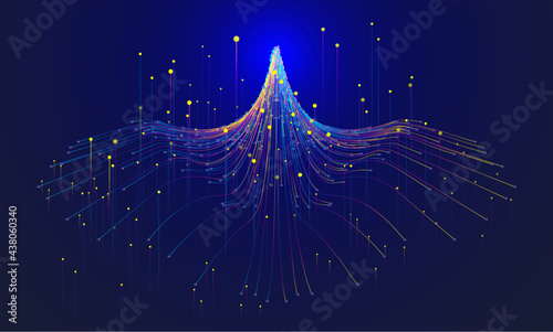 The dots and lines form a flying eagle with an abstract background of rising rays.