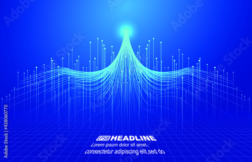 The dots and lines form a flying eagle with an abstract background of rising rays.