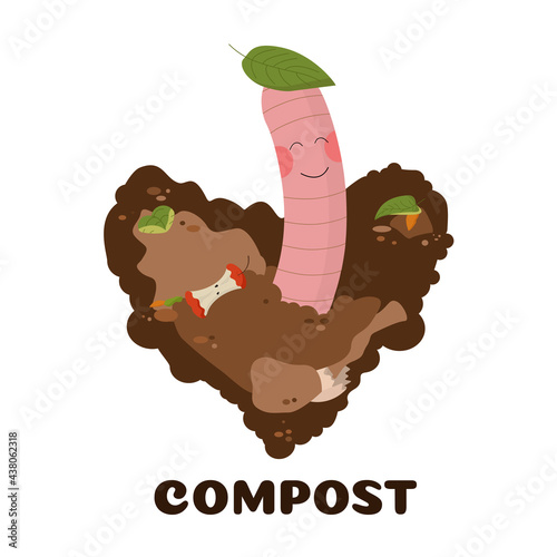 worm with pink cheeks in the ground in the form of a heart. Composting organic matter concept. organic farming. disposal of organic waste with the help of worms