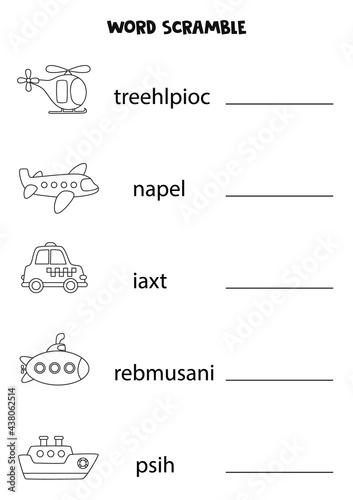 Puzzle for kids. Word scramble for children. Black and white transportation means.