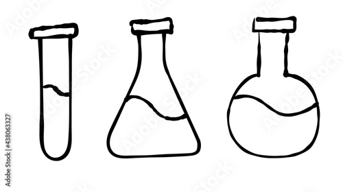 Set of three chemical doodle flasks. Black and white vector illustration. Hand-drawn icons.