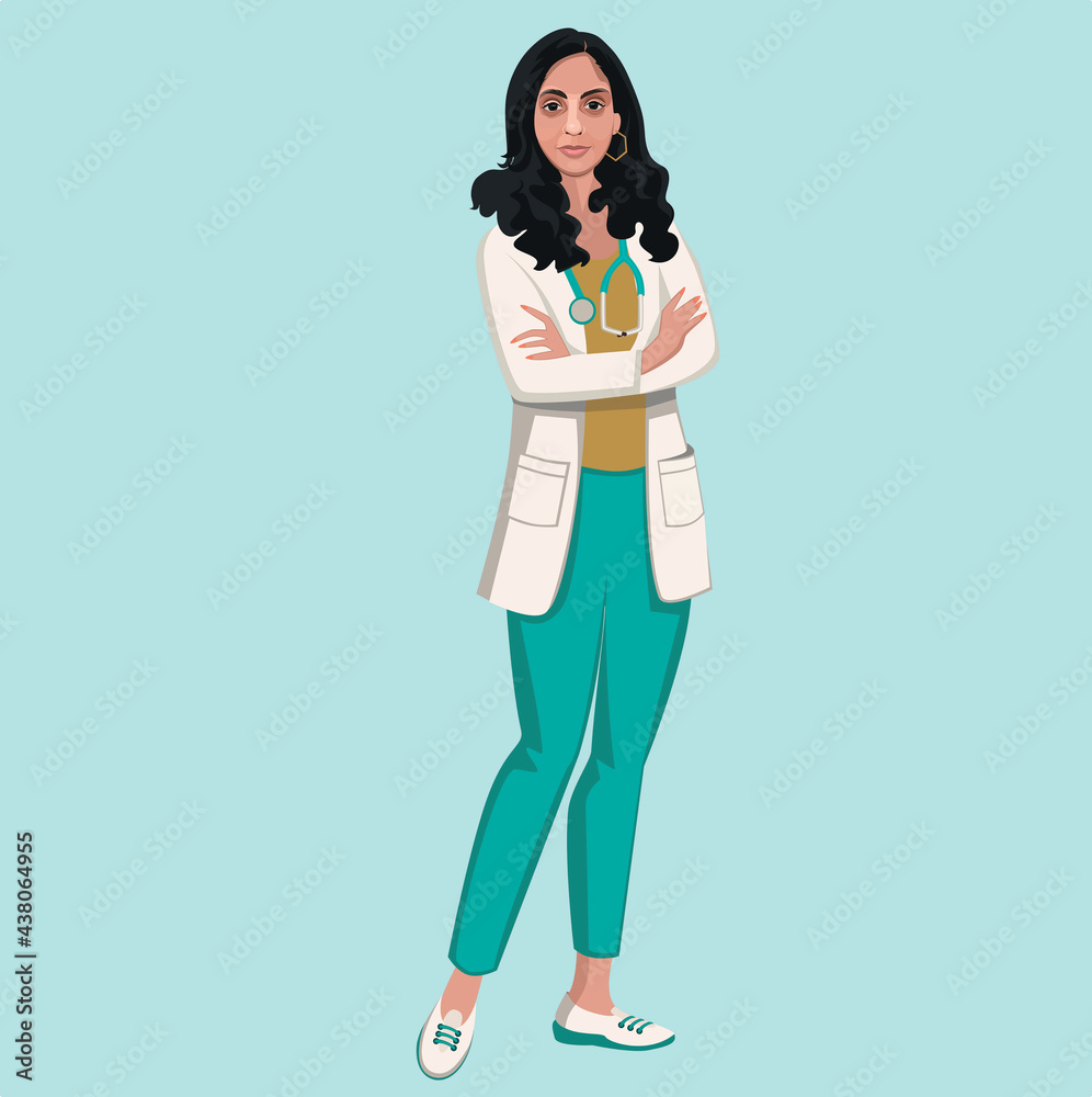 Beautiful young lady doctor with stethoscope and apron in standing position vector illustration Beautiful young lady doctor with stethoscope and apron in standing position vector illustration