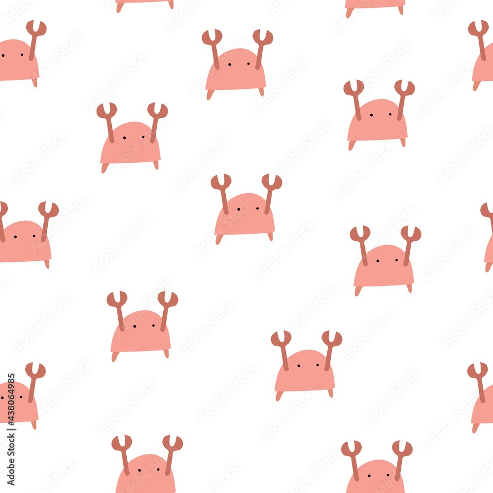 Obraz premium Seamless pattern with cartoon crab. flat style vector. Hand drawing for kids. sea world. baby design for fabric, textile, print, wrapper