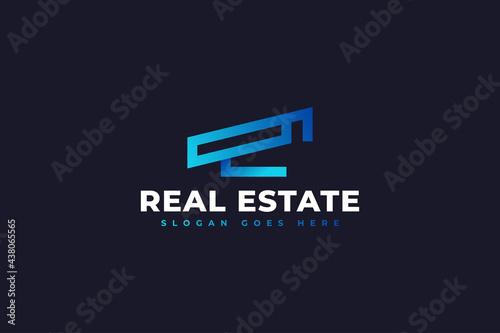 Modern Minimalist Real Estate Logo in Blue Gradient. Construction, Architecture or Building Logo Design