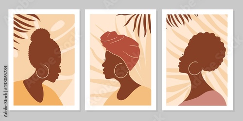 Set of abstract women portraits with leaves. Abstract female  silhouette in minimalistic boho style. Vector flat illustration. Design for social media, card, print,  background