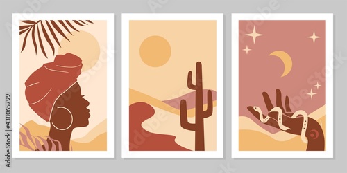 Set of abstract posters with African woman in turban, landscape, plants, hand with snake, moon and sun. Background in minimalistic boho style. Vector illustration. Best for social media, card, print
