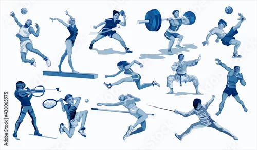 Obraz Sport people set. Collection of different sport activity. Professional athlet doing sport. Basketball, football,karate,tennis,sprint,gymnastic,weightlifter . Vector illustration in cartoon style