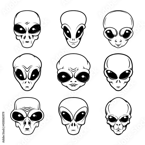 Illustration of alien head in monochrome style. Design element for logo, label, sign, emblem, poster. Vector illustration