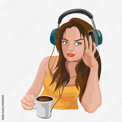 Cute girl with headphones listening music. Brunette in headphones drinks coffee. Vector character isolated on white background. Blonde woman sitting in headphones