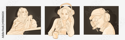 Set with peoples in headphones listening music. Vector characters isolated warm sepia color correction on white background. Blonde woman, brunette and young man in headphones