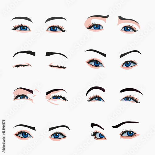 Various types of woman eyes. Collection of illustrations with captions. Makeup type infographic. Different - close, protruding, hooded, almond, upturned on white background