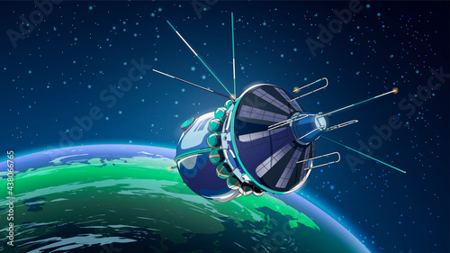 Vector illustration card with spaceship satellite in space with Earth. Space history program, human exploration of near space. Picture with 3d model flying spaceship. Isolated