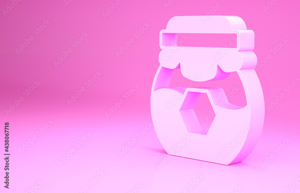Pink Jar of honey icon isolated on pink background. Food bank. Sweet natural food symbol. Minimalism concept. 3d illustration 3D render Pink Jar of honey icon isolated on pink background. Food bank. Sweet natural food symbol. Minimalism concept. 3d illustration 3D render